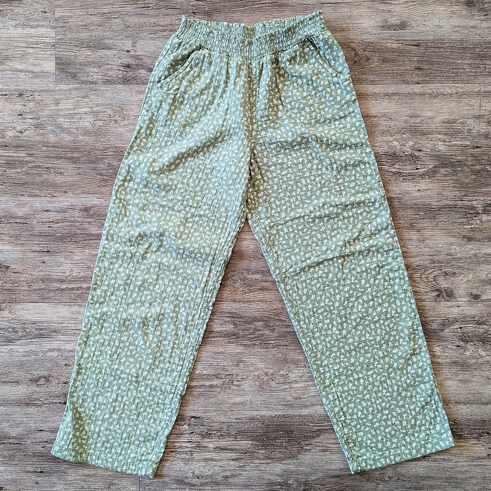 3/$21 Cat & Jack - Smocked Kids Pants Green With White Flowers Sz XL
